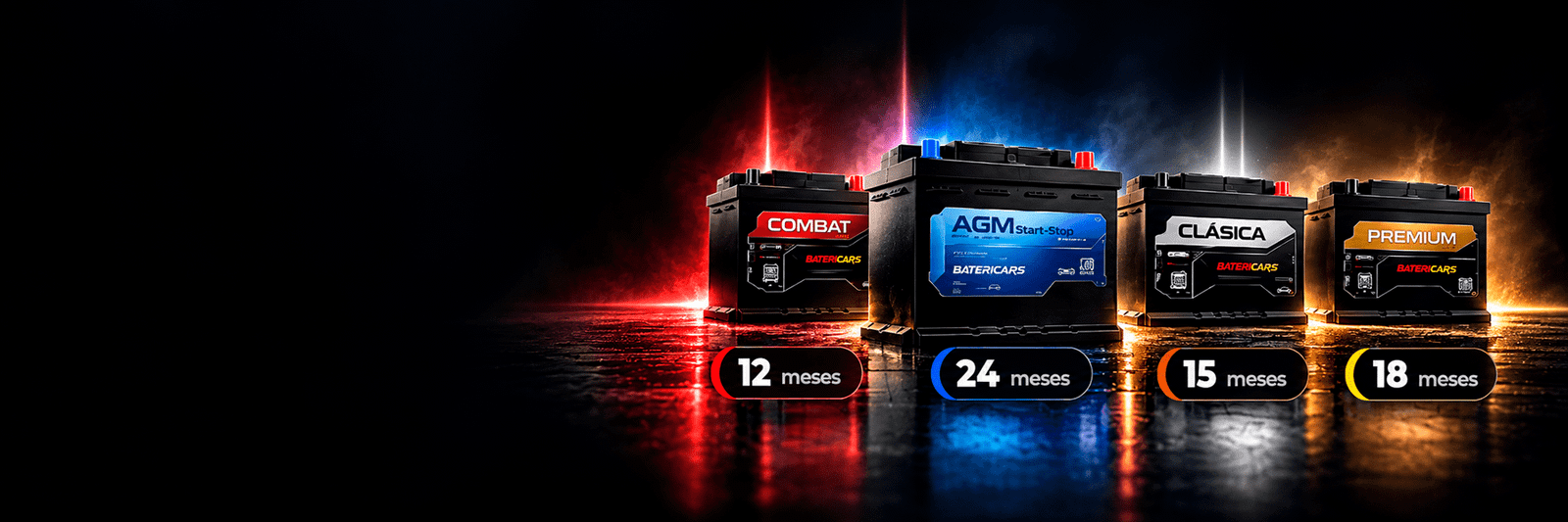 Bater&iacute;as BATERICARS Combat Line, AGM Start-Stop, Cl&aacute;sica y Premium, con garant&iacute;as de 12, 24, 15 y 18 meses