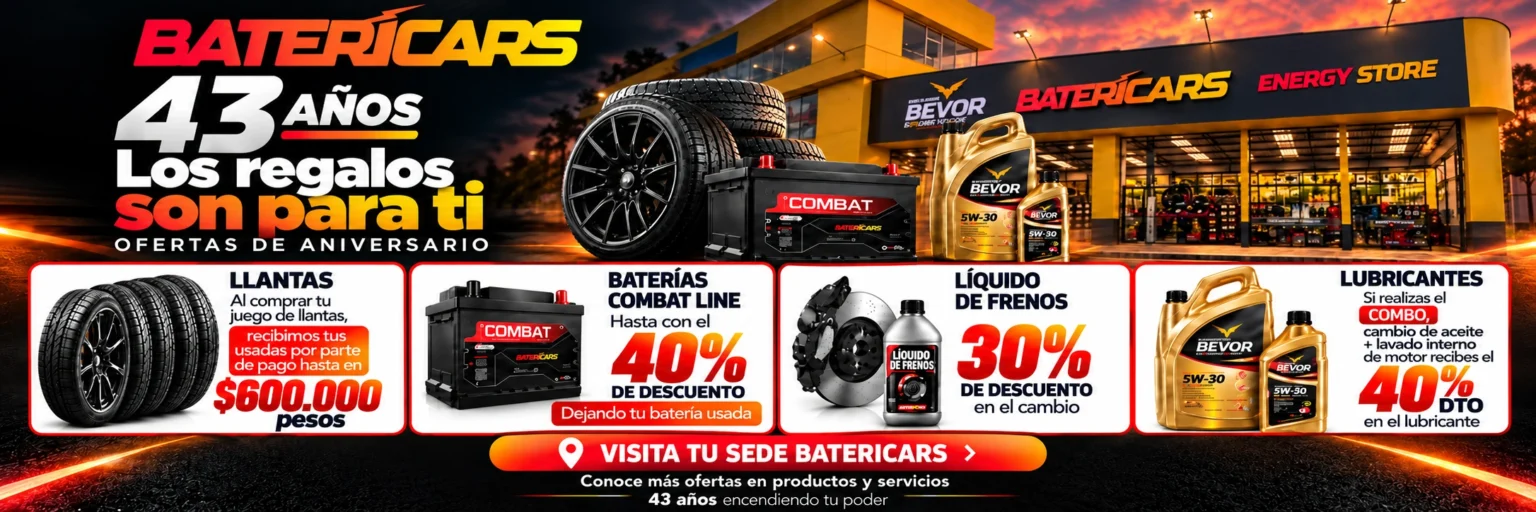Ofertas de aniversario BATERICARS 43 a&ntilde;os: llantas, bater&iacute;as Combat Line, l&iacute;quido de frenos y lubricantes con descuento. Visita tu sede.